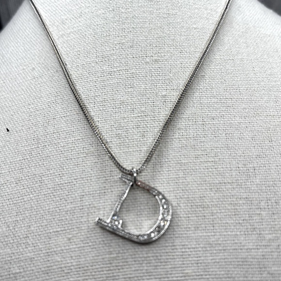 DIOR Vintage D Logo Rhinestone Detail Silver Engraved Pendant Necklace - Picture 1 of 13